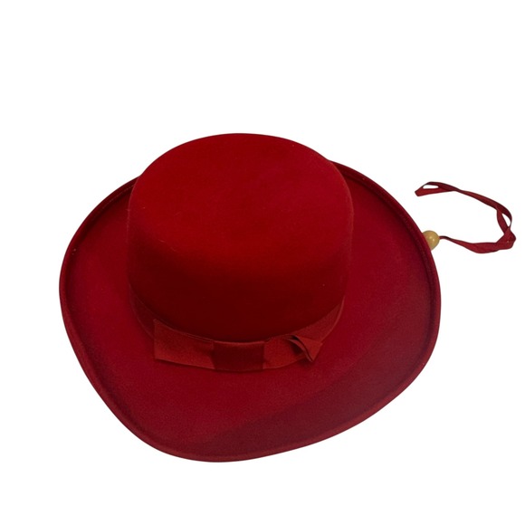 Vintage Michelle Bollman Red Wool Felt Fedora Boater Hat Chin Strap Made in USA